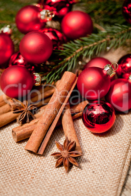 christmas decoration cinnamon anise baubles in red