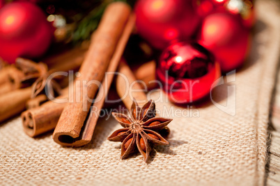 christmas decoration cinnamon anise baubles in red