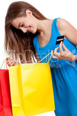 happy young woman with colorful shopping bags visa isolated
