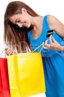 happy young woman with colorful shopping bags visa isolated