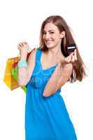 happy young woman with colorful shopping bags visa isolated