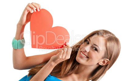 smiling young woman and red heart love valentines day