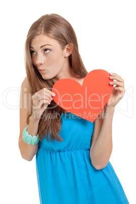 smiling young woman and red heart love valentines day