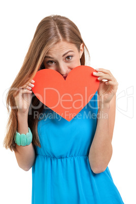 smiling young woman and red heart love valentines day