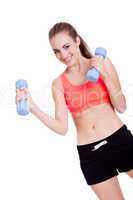 healthy smiling girl workout with dumbbell isolated