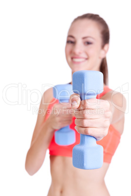 healthy smiling girl workout with dumbbell isolated