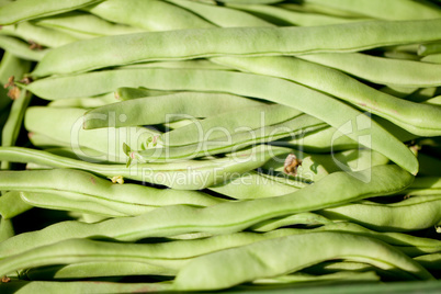 fresh green beans macro closeup on market outdoor
