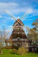 Traditional wooden windmill in a lush garden