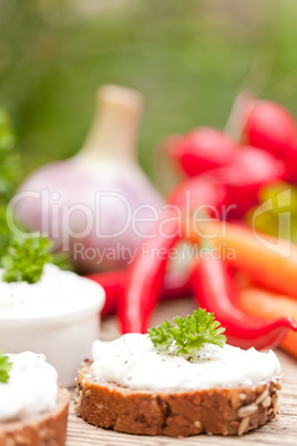 fresh tasty homemade cream cheese and herbs with bread