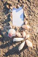 sailing boat and seashell in sand decoration closeup