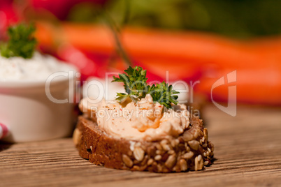 fresh tasty homemade cream cheese and herbs with bread