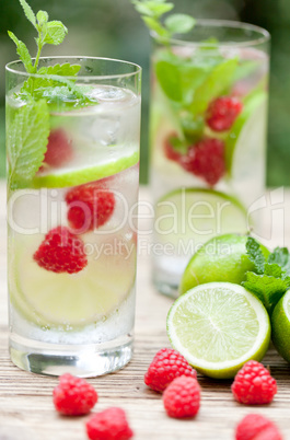 fresh cold drink water ice cubes peppermint lime raspberry