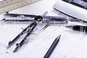 architect blueprints equipment objects workplace