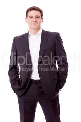 adult smiling business man with black suit isolated
