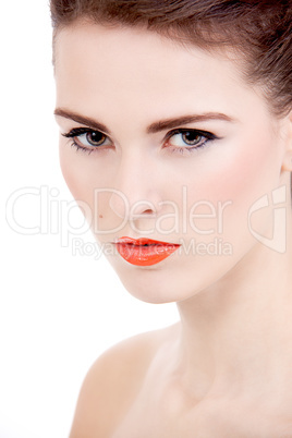 perfect beauty woman face with orange lips isolated