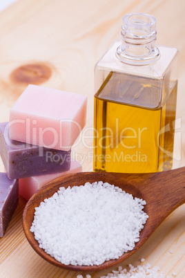 welnness spa objects soap and bath salt closeup