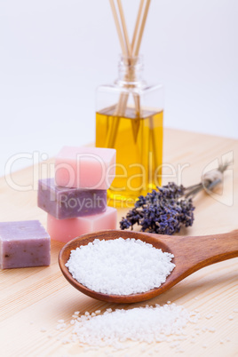 welnness spa objects soap and bath salt closeup