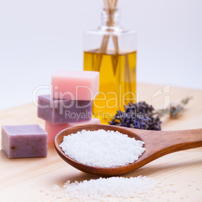 welnness spa objects soap and bath salt closeup