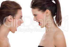 two young girls angry shouting loud isolated