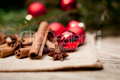 christmas decoration cinnamon anise baubles in red