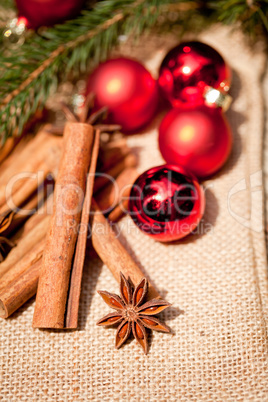 christmas decoration cinnamon anise baubles in red