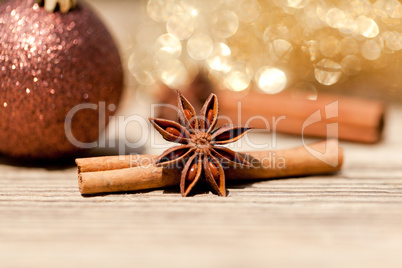 anice cinnamon and bauble christmas decoration in gold