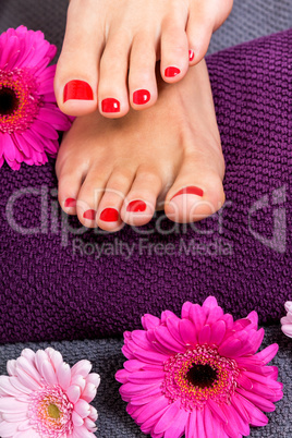 Bare feet of a woman surrounded by flowers