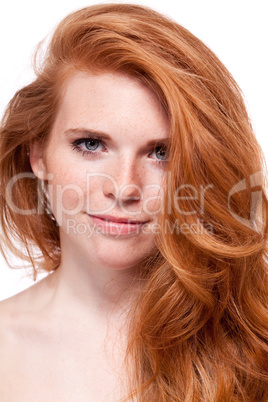 beautiful young smiling woman with red hair and freckles isolated