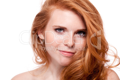 beautiful young smiling woman with red hair and freckles isolated