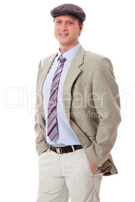 adult man with casual jacket and cap