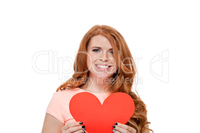 smiling young woman and red heart love valentines day