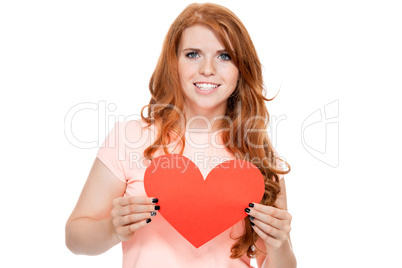 smiling young woman and red heart love valentines day