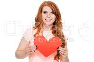 smiling young woman and red heart love valentines day