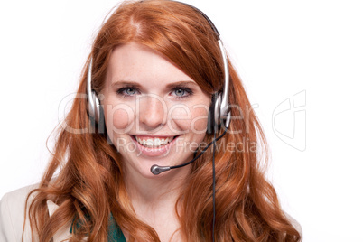 smiling business woman callcenter agent operator isolated portrait