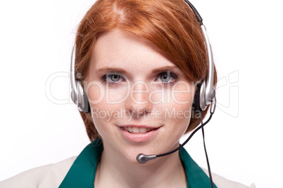 smiling business woman callcenter agent operator isolated portrait