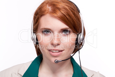 smiling business woman callcenter agent operator isolated portrait