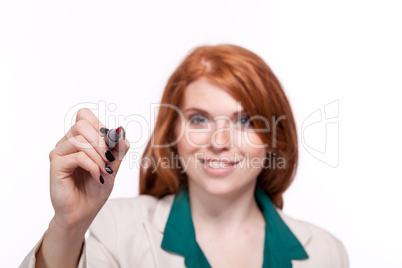 attractive smiling business woman writing with pen isolated