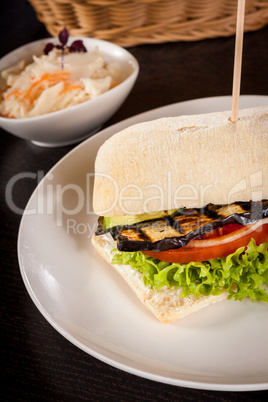 delicious vegan vegetarian burger with grilled eggplant