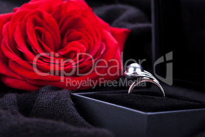red rose and diamond ring in a box