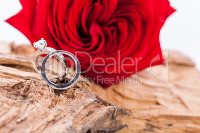 beautiful ring on wooden background and red rose