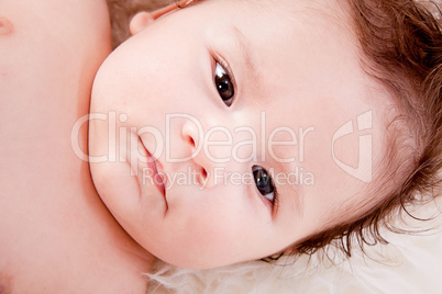 cute little baby infant toddler on white blanket portrait