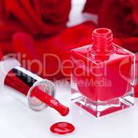 Elegant red nail varnish in a stylish bottle