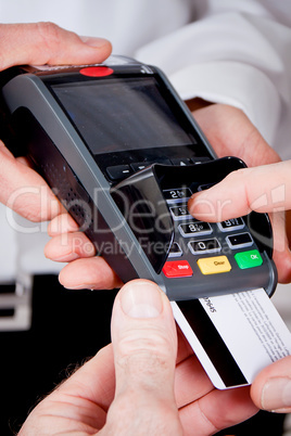 dinner in restaurant man and woman pay by credit card