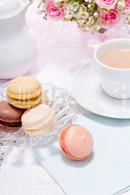 traditional delicious sweet  macarons  coffee