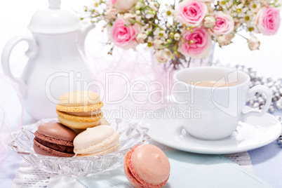 traditional delicious sweet  macarons  coffee