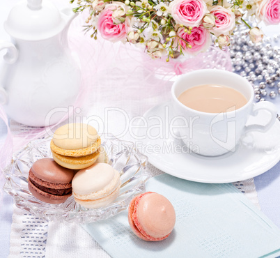 traditional delicious sweet  macarons  coffee