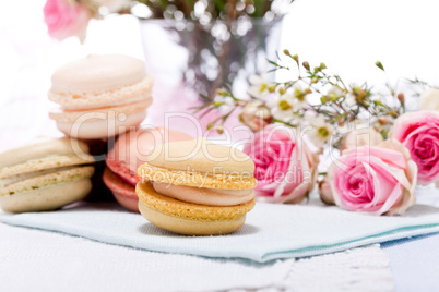 traditional delicious sweet  macarons  coffee