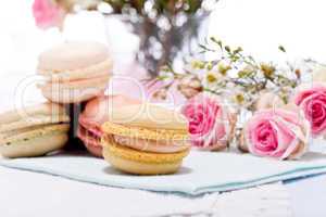 traditional delicious sweet  macarons  coffee