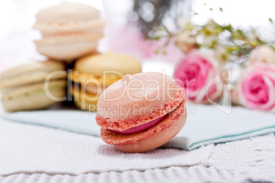 traditional delicious sweet  macarons  coffee