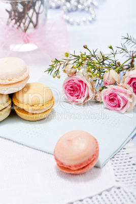 traditional delicious sweet  macarons  coffee